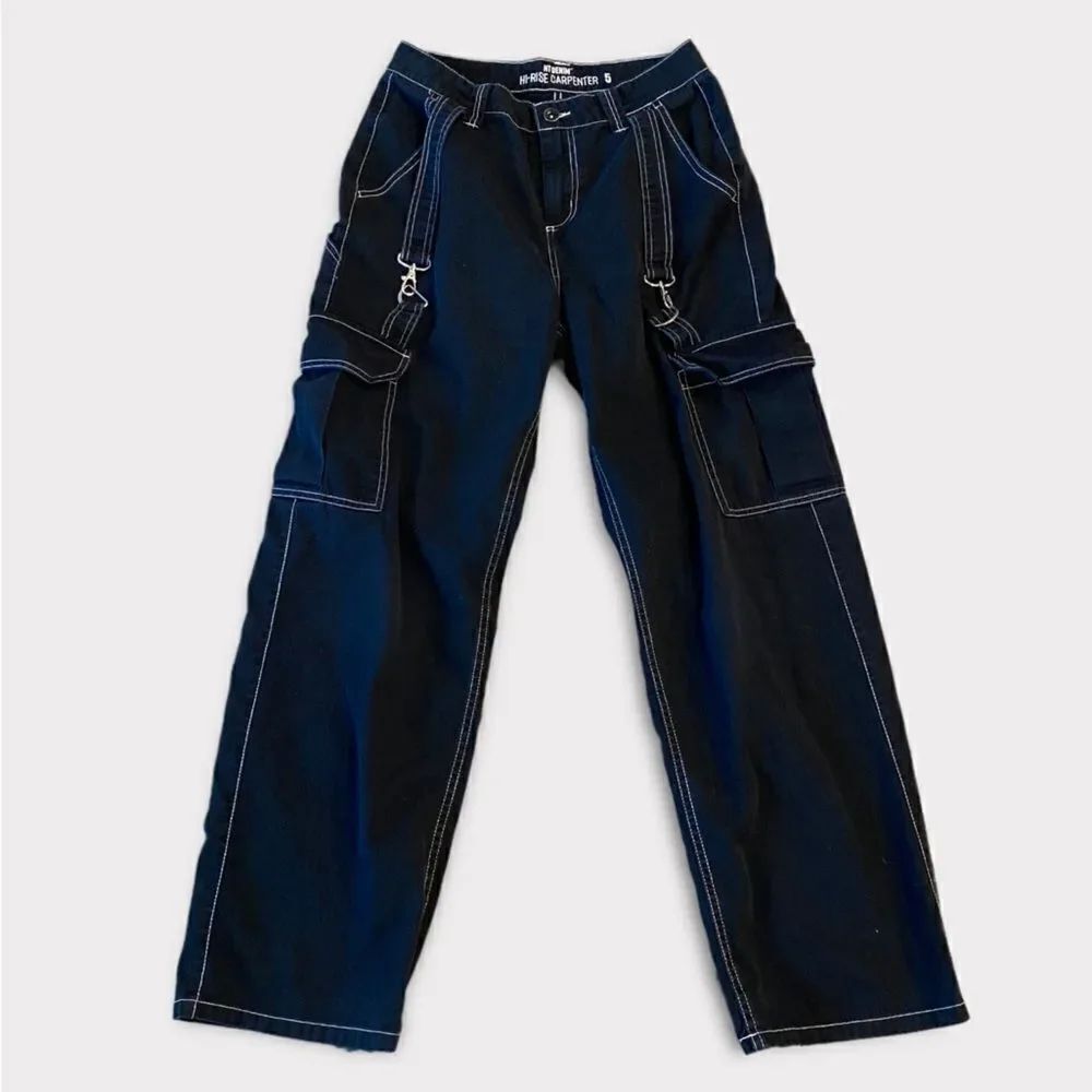 Hi Waisted Wide Leg Black Y2K Goth Edgy Punk Pants With Hooks